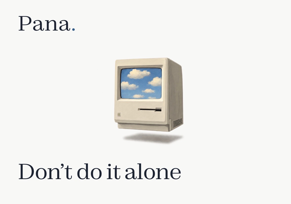 A beige Macintosh floating among painted clouds, with the Pana wordmark.