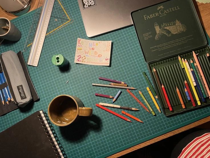 A green cutting mat with coloured pencils, a tin of pencils, a sketchbook, a ruler and a mug.